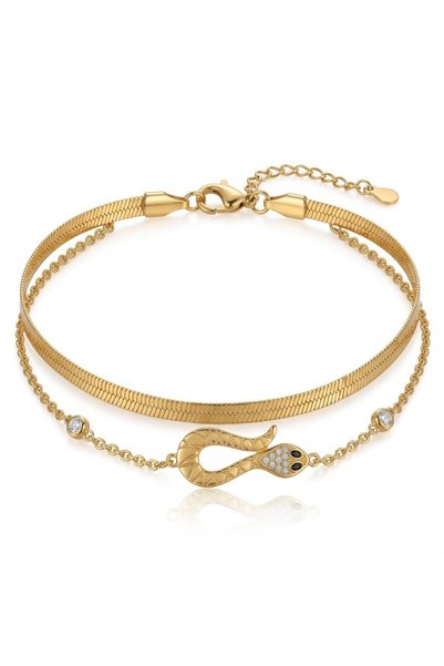 LOLLY Gold plated 18k Snake Layered Bracelet for Women - Double Layer Herring...