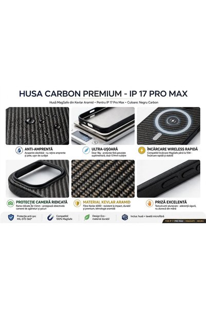 OEM HUSA CARBON PREMIUM PENTRU IPHONE 17 PRO MAX - MAGSAFE - NEGRU