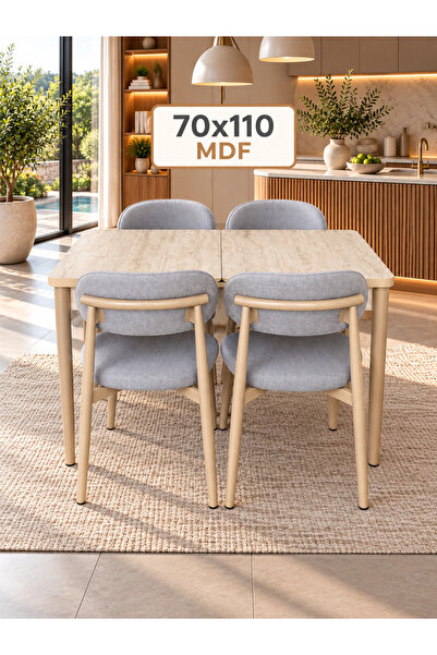 DEREN HOME Calve Serisi MDF 70x110 Açılabilir Masa Traverten + 4 Adet Silineb...