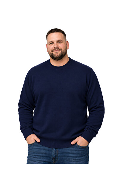 BattalModa سترة رجالية كبيرة الحجم باللون الأزرق الداكن برقبة دائرية XL-2XL-3...