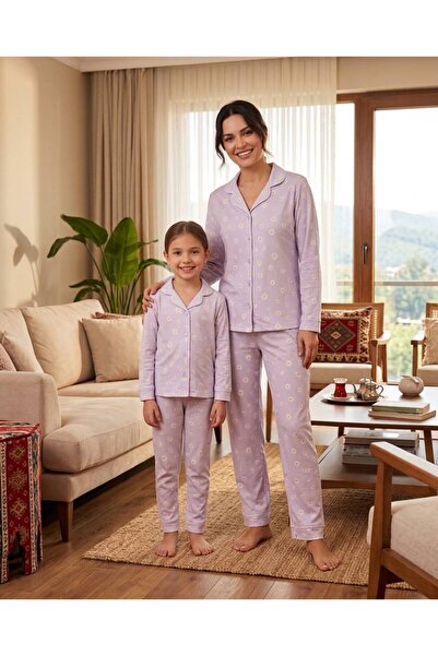 modaminikler Anne-Kız %100 Pamuk Papatya Desenli 2'li Pijama Takımı (Tek Bede...