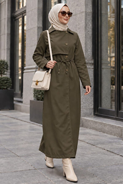 Neva Style Düğmeli Haki Tesettür Trençkot 62231HK