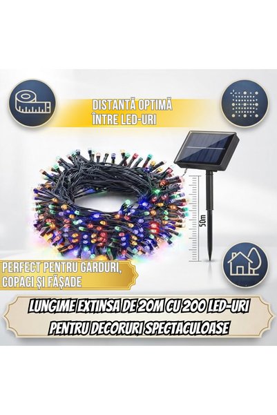 Infiniteea Instalare Ghirlandă de Crăciun cu Panou Solar, 200 LED-uri, 20M, 8 Moduri de Iluminare, Decora