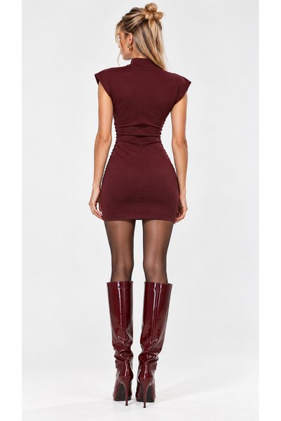 Kallisto Bordo İnterlok Dik Yaka Kısa Kollu Yan Büzgülü Fitted Mini Elbise
