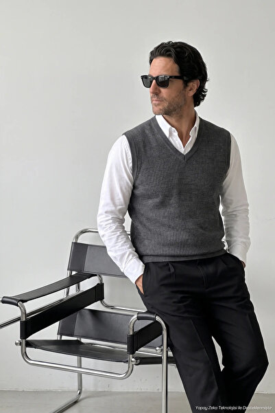 Çizgi Triko Men's V-Neck Dark Gray Sweater Cotton Knitwear Rice Patterned Ste...