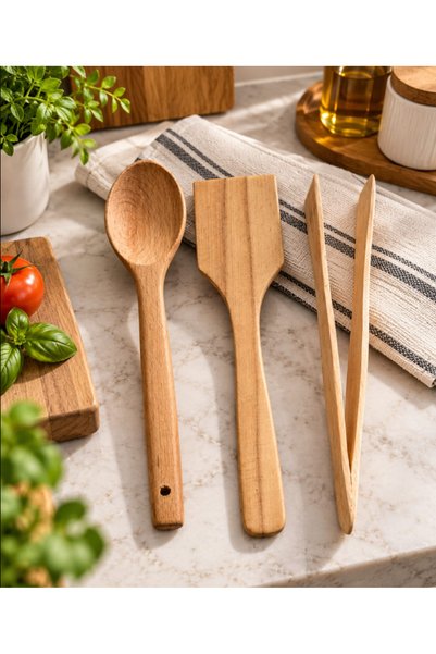 Çavdar Group 3 Parça Bambu Servis Seti, Ağaç Kaşık, Spatula, Maşa Seti