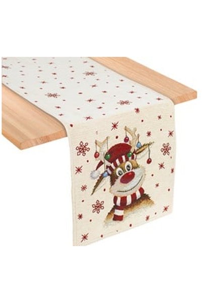 OEM Napron Decorativ de Craciun Bej cu Model Cerb & Lurex Argintiu 150x33cm