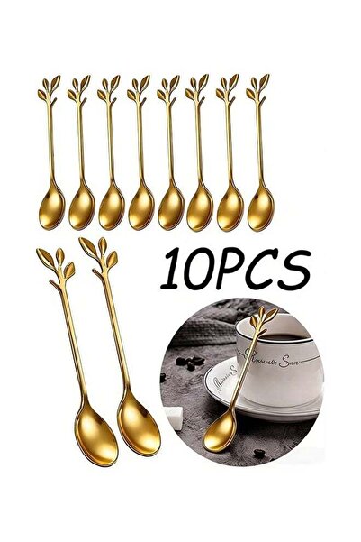 Generic 10 Pcs 4.7 Inch Gold Stainless Steel Coffee Spoons Mini Leaf Sugar Sp...