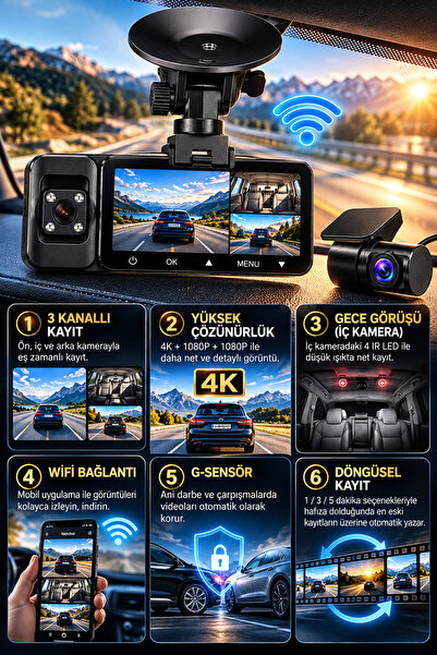 beemen 4K WiFi 3 Kameralı Araç İçi Kamera Ön Kabin Arka Kamera Gece Görüş G-Sensör WDR Döngüsel Kayıt