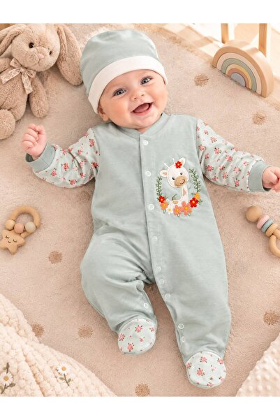 Sönmez Baby ÇİÇEKLİ BEBİŞ ZÜRAFA NAKIŞLI PENYE TULUM VE ŞAPKASI İKİLİ KIZ BEB...