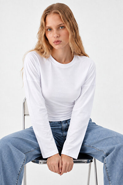 COMBİNE MİCHAİL White Crew Neck Long Sleeve Crop Blouse