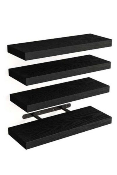 Generic Set of 4 black Rustic Floating Wall Shelves with Metal Brackets, Wood...