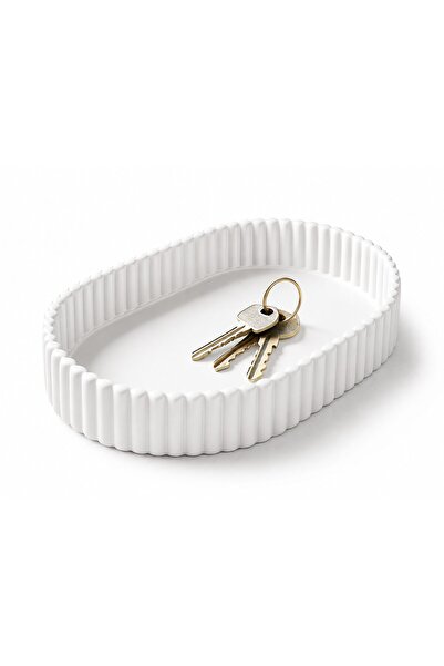 OEM Tavă decorativă ovală albă cu design striat – Organizator pentru chei, bi...