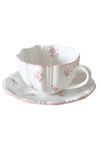 Generic 300Ml Porcelain Coffee & Tea Cup Saucer Set - Pink Floral Scalloped D...
