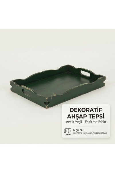 Art By Aslı Hand Painted Antique Wooden Decorative Tray - Antique Green Coffee Presentation Tray (29X41X6 cm)