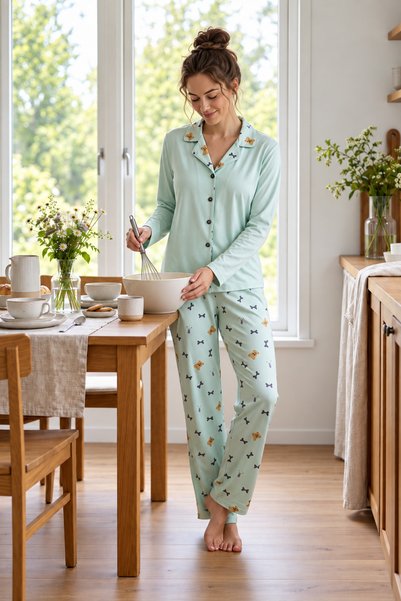 CALİA Set de pijamale pentru femei, verde mentă, cu model ursuleț, din țesătură Milan, cu nasturi, cu guler de cămașă și mâneci lungi