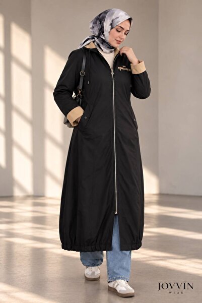JOVVIN WEAR Siyah Kapüşonlu Uzun Fermuarlı Mont