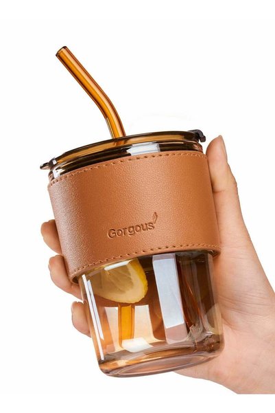 Generic 15oz Glass Tumbler with Straw and Lid, Featuring a Leather Sleeve for...
