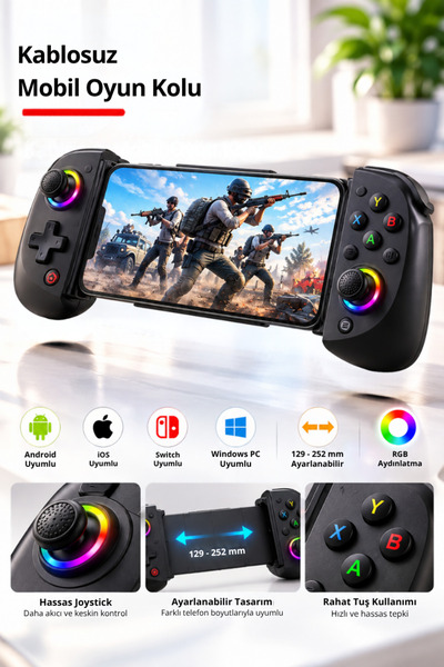 CROW'S TECH Bluetooth Mobil Telefon Oyun Kolu RGB Gamepad 129-252 mm Ayarlanabilir Android iOS Switch Windows Uyumlu