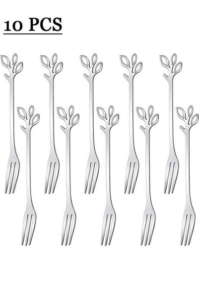 Generic 10 Pcs Leaf Shape Fruit Forks Set, Stainless Steel Silver Fruit Salad...