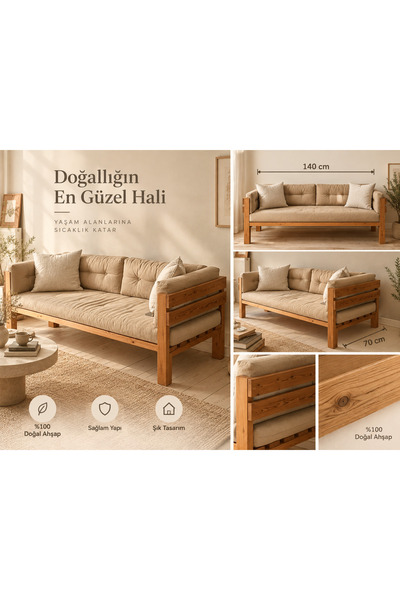 DizyWood Doğal Ahşap Sedir Koltuk 140x70 cm – Masif Ahşap Yan Panelli Modern ...
