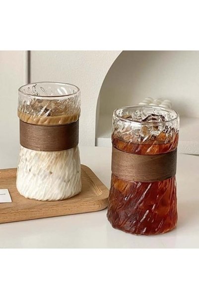 Generic 400ml Glacier Texture Heat Resistant Glass Coffee Mug, Vintage Wood A...