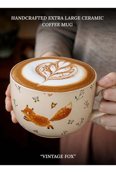 Generic Handcrafted Large Ceramic Vintage Coffee Mug 775ml - "Vintage Fox", D...