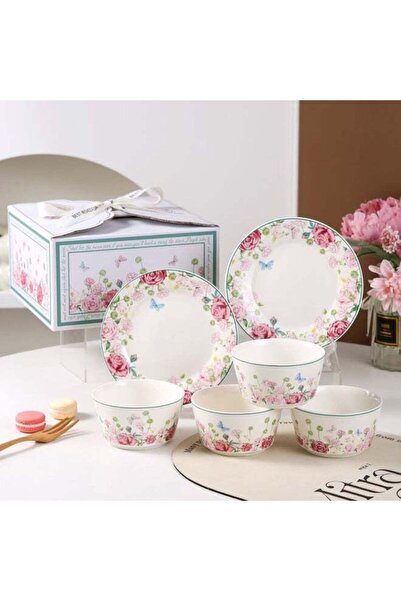 Generic Six-piece rose ceramic bowl and plate set Nordic light luxury tablewa...
