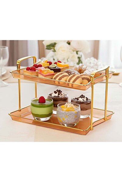 Generic 2 Tier Rectangular Serving Tray with Gold Handles, Brown Decorative S...