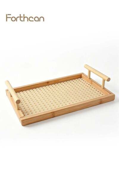 Generic Bamboo Serving Tray with Handles, Handwoven Rattan Decorative Tray, R...