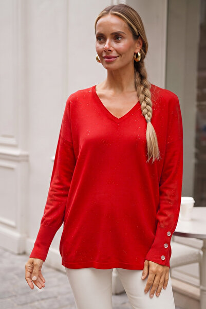 Chiccy Red V-Neck Cuffed Sleeves Thin Sequined Casual Knitwear Sweater 70 60