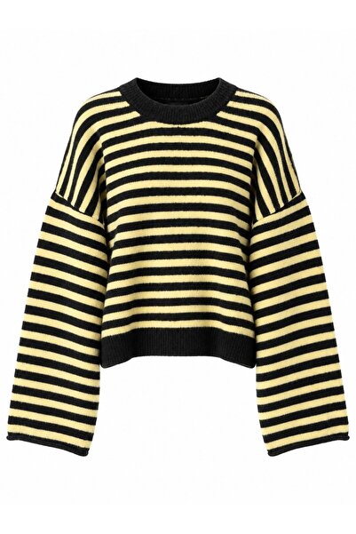 Retrobird Livia Oversize Siyah Çizgili Triko Kazak Kadın Sarı