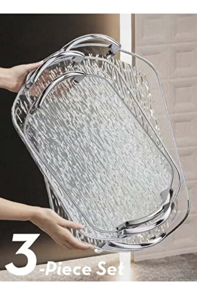 Generic 3 PCS Clear Serving Tray, With Polished Metal Handles, Serving Plate,...