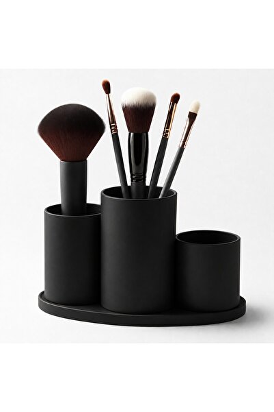 OEM Organizator de cosmetice, 3 compartimente cilindrice, negru, 1 set
