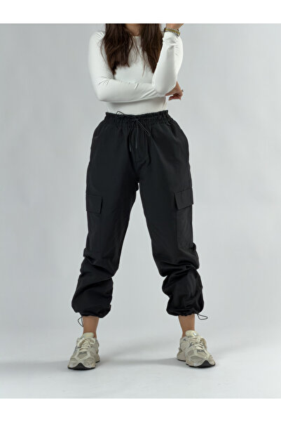 COCOPELLI Black Women's Parachute Pants with Cargo Pockets and Adjustable Leg...