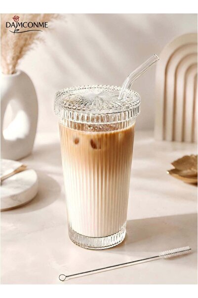Generic Glass Tumbler Stripe Glass Cup Coffee Cup With Lid and Straw Drinking...