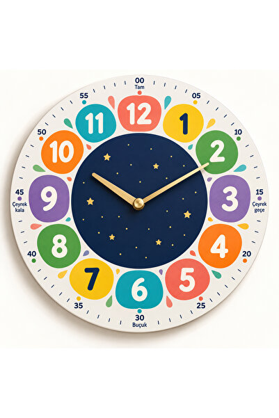 Aldebaran Reklam Çocuk Odası Eğitici Duvar Saati 40 cm Renkli MDF Sessiz Akar...
