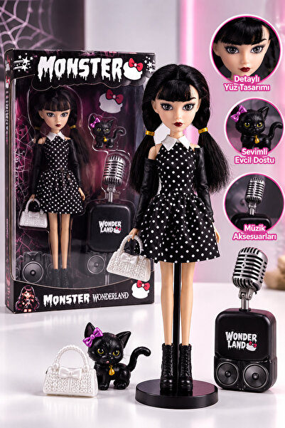 PONİKİDO Monster Wonderland Siyah Saçlı Gotik Bebek, Puantiyeli Elbiseli ve A...