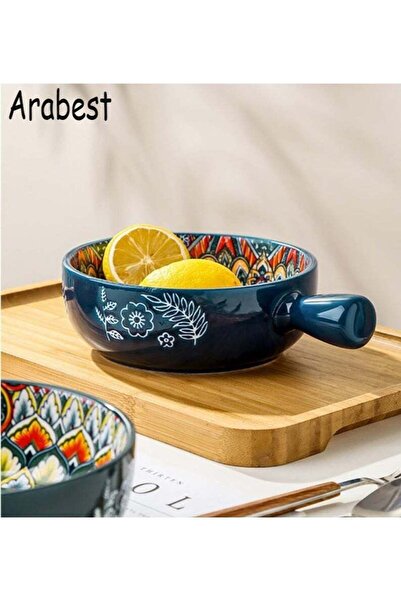 Generic 1 Pack Hand-painted Ceramic Serving Bowl with Handle, Round Salad Bow...
