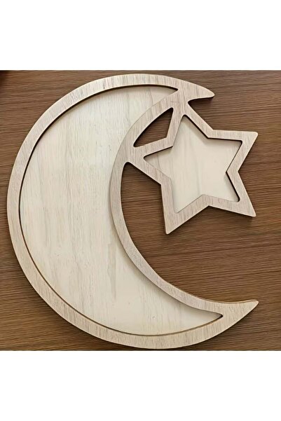 Generic Eid Classic Moon & Star Wooden Decorative Tray [Natural Wood]