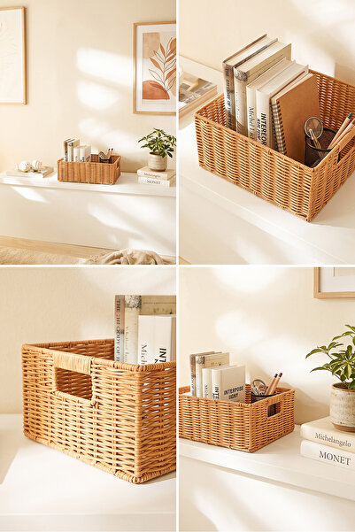 Ocean Home Textile Yıkanabilir Bej PP Rattan Dolap İçi Çamaşır Çocuk Odası Oyuncak Düzenleyici Saklama Sepeti Organizer 39x29x13