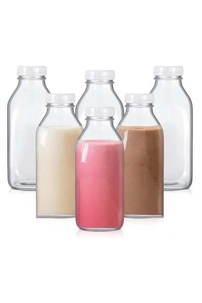 Generic 6Pcs 32oz Glass Milk Bottle with Plastic Tamper-proof Caps Vintage Re...