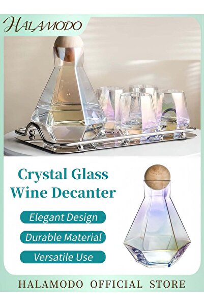Generic Iridescent Hexagonal Faceted Glass Water Carafe with Natural Wooden S...