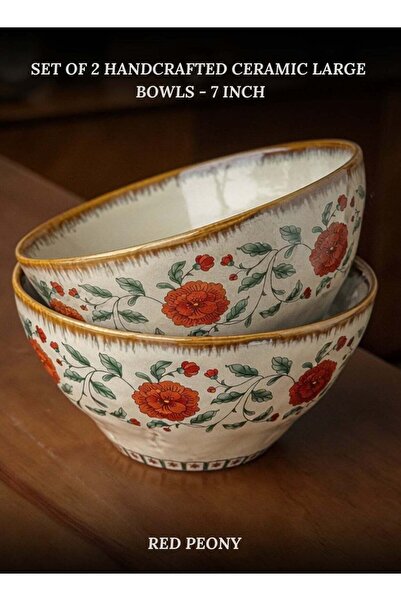 Generic Set of 2 Handcrafted 1100ml Large Ceramic Bowls 7 inch - Red Peony Ru...