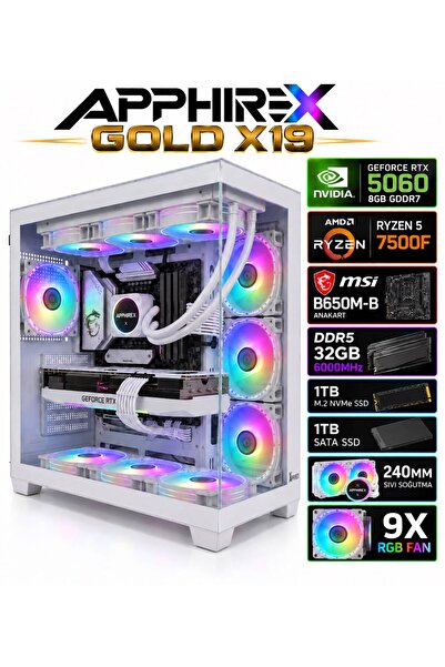 Apphirex Gold X19 Ryzen 5 7500F 32GB DDR5 6000MHz 2TB SSD RTX5060 240mm Sıvı Soğutmalı Oyuncu Bilgisayarı
