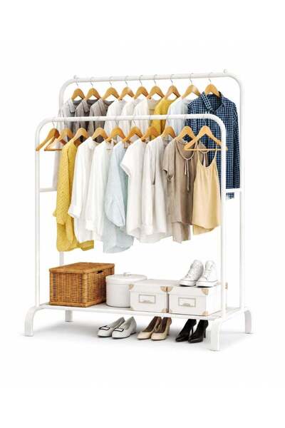 Generic Double Rod Clothes Rack [Heavy-Duty] with Side Hooks & Bottom Shelf G...