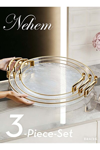 Generic 3 PCS Clear Serving Tray, With Polished Metal Handles, Serving Plate,...