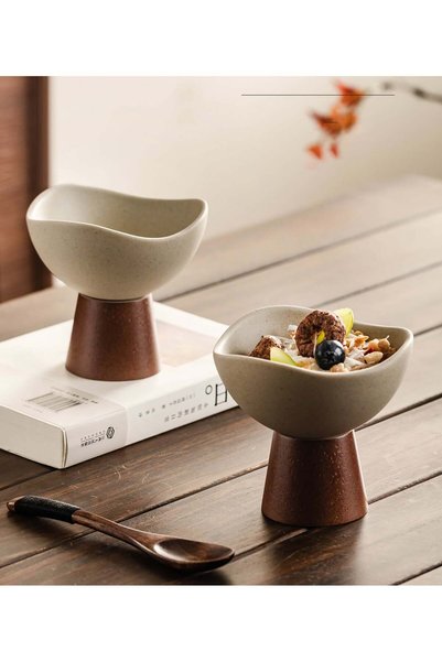 Generic Set of 2 Ceramic Stoneware Dessert Bowls on Pedestal Base, Beige & Brown