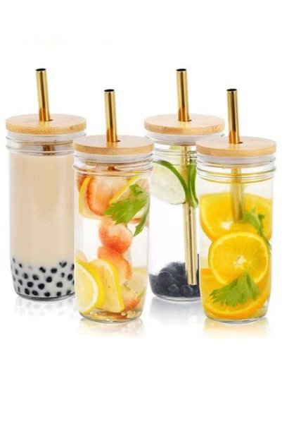 Generic 4-Piece Glass Cup Set,24 oz Coffee Mug With Lid And Golden Straw,Iced...