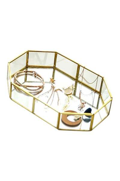 Generic Glass Makeup Organizer Tray Gold/Clear 20x14.2x4.5cm